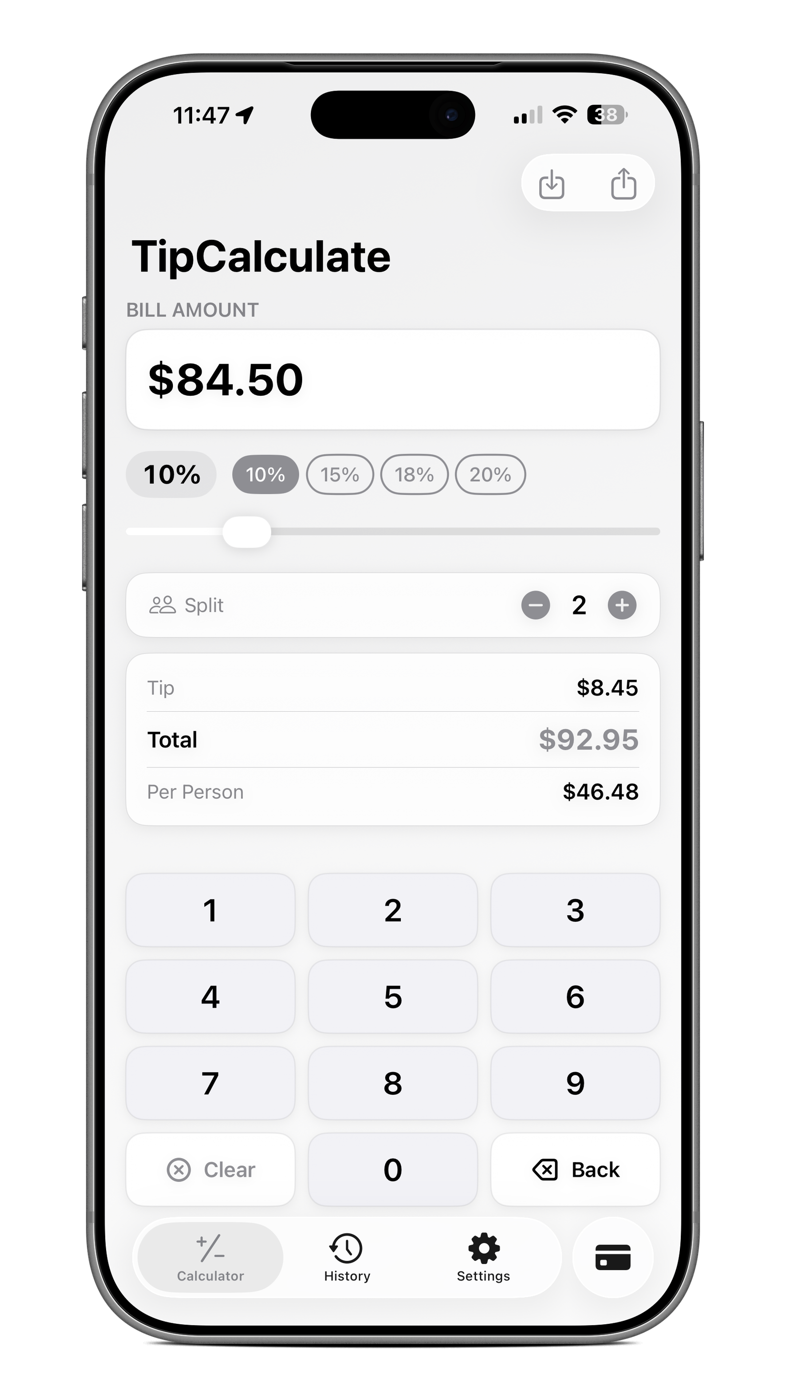 TipCalculate Calculator Screen